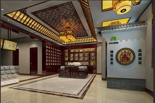 和平古朴典雅的中式茶叶店大堂设计效果图