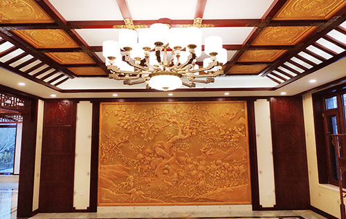 和平中式别墅客厅中式木作横梁吊顶装饰展示